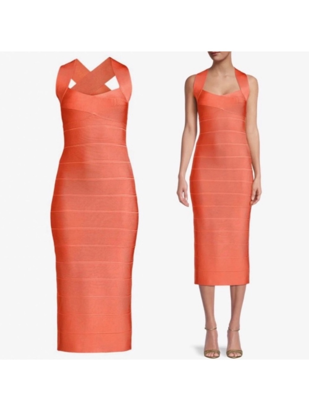 Sexy Herve Leger Paris Coral Bandage Cross Strap Midi Dress - Picture 3 of 7